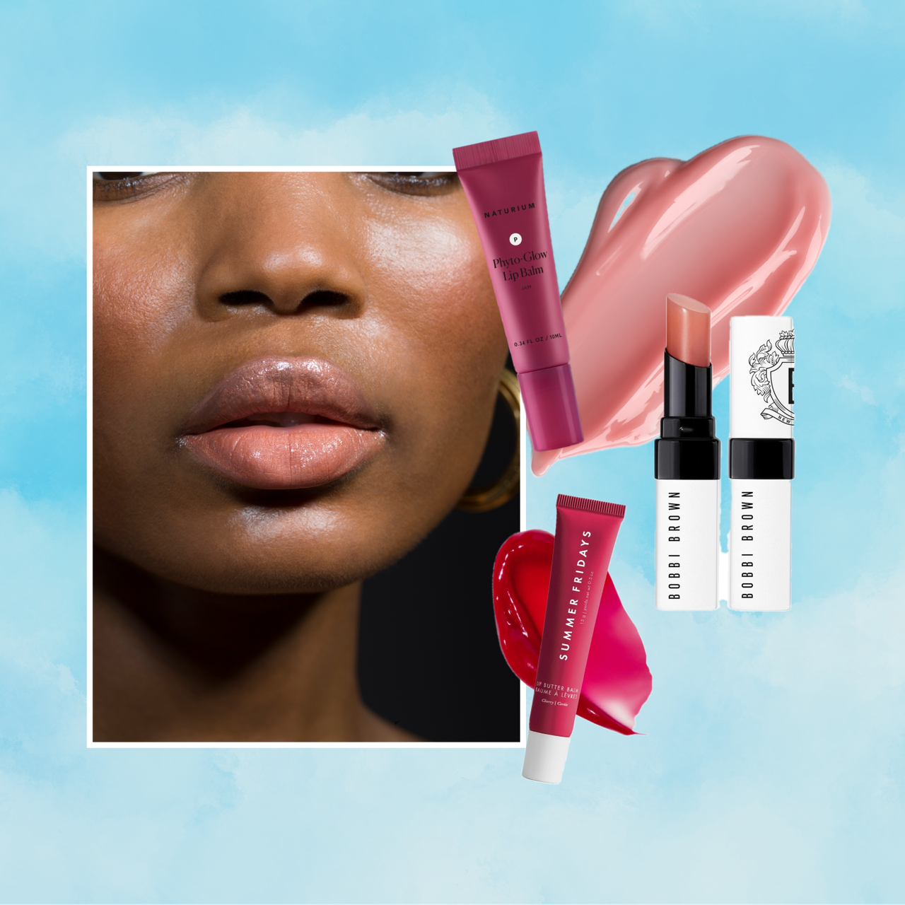 a collage of three lip balms and a photo of a person&#039;s lips against a sky blue background