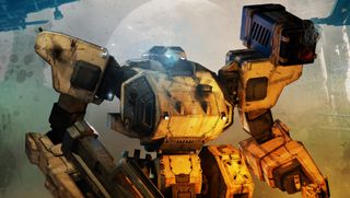 Front Mission yellow mech standing proud in center with ruins in background
