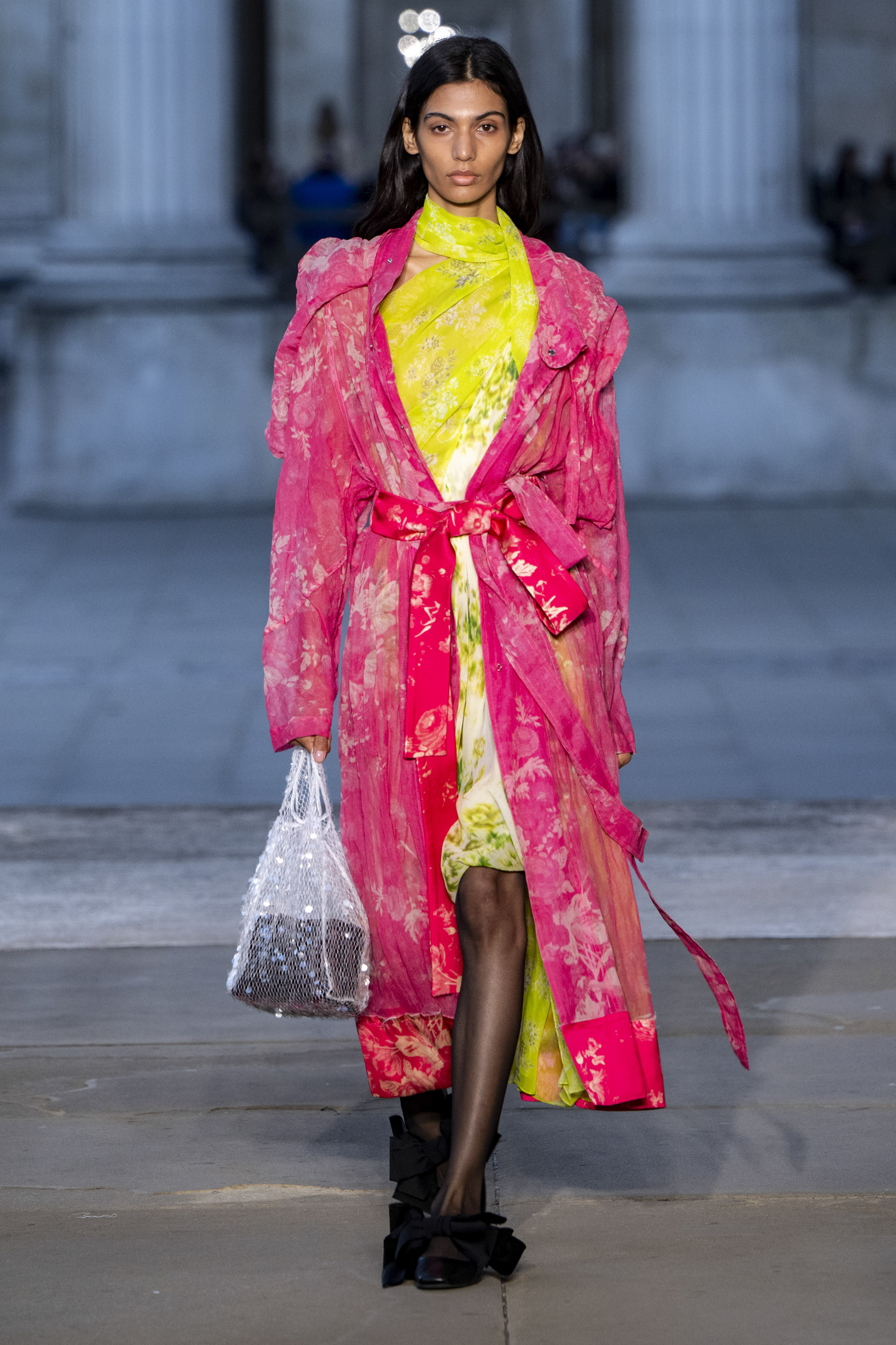 Hot pink floral trench and neon green dress.
