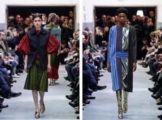 Models wear red balloon sleeve top, pattered vest and shirt and striped multi-patterned dress with polished metal leather boots