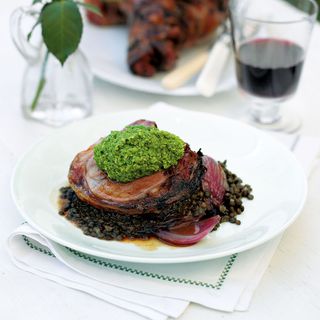 Boned Garlic Lamb with Sweet and Sour Red Onions and Lentils