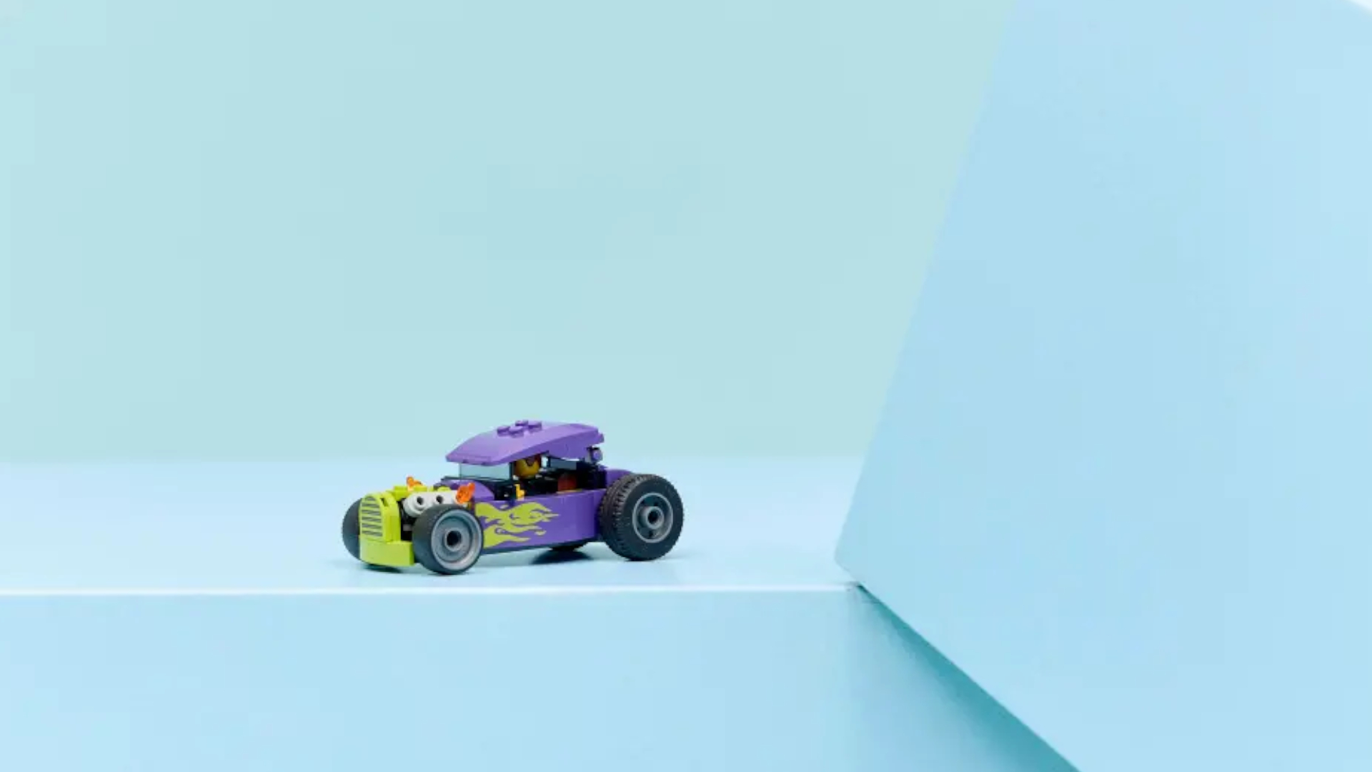 Lego Hot Rod set on a series of blue shapes