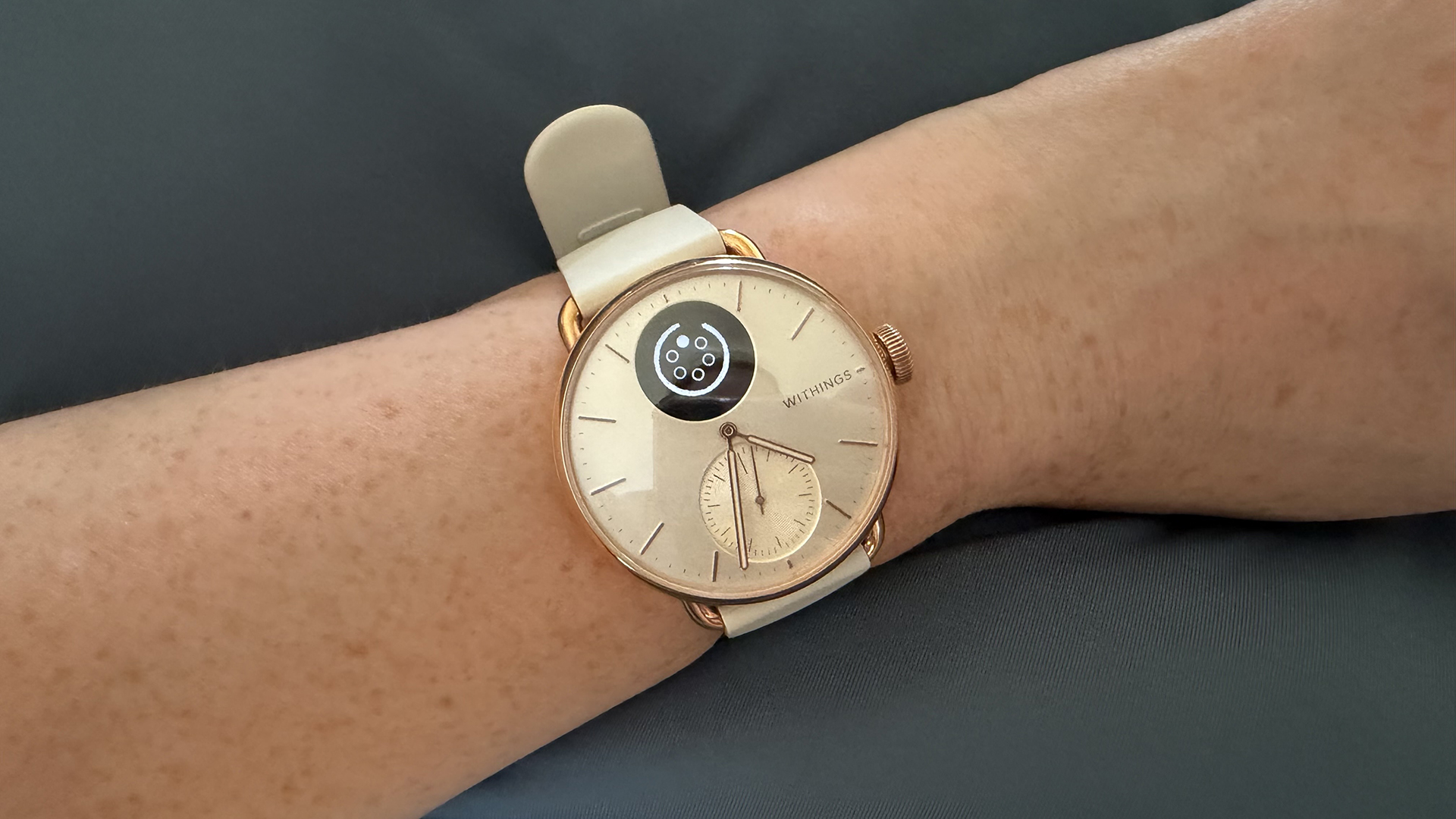 A close up of the Withings Scan Watch 2 on our reviewer's wrist with the display showing the breathe function