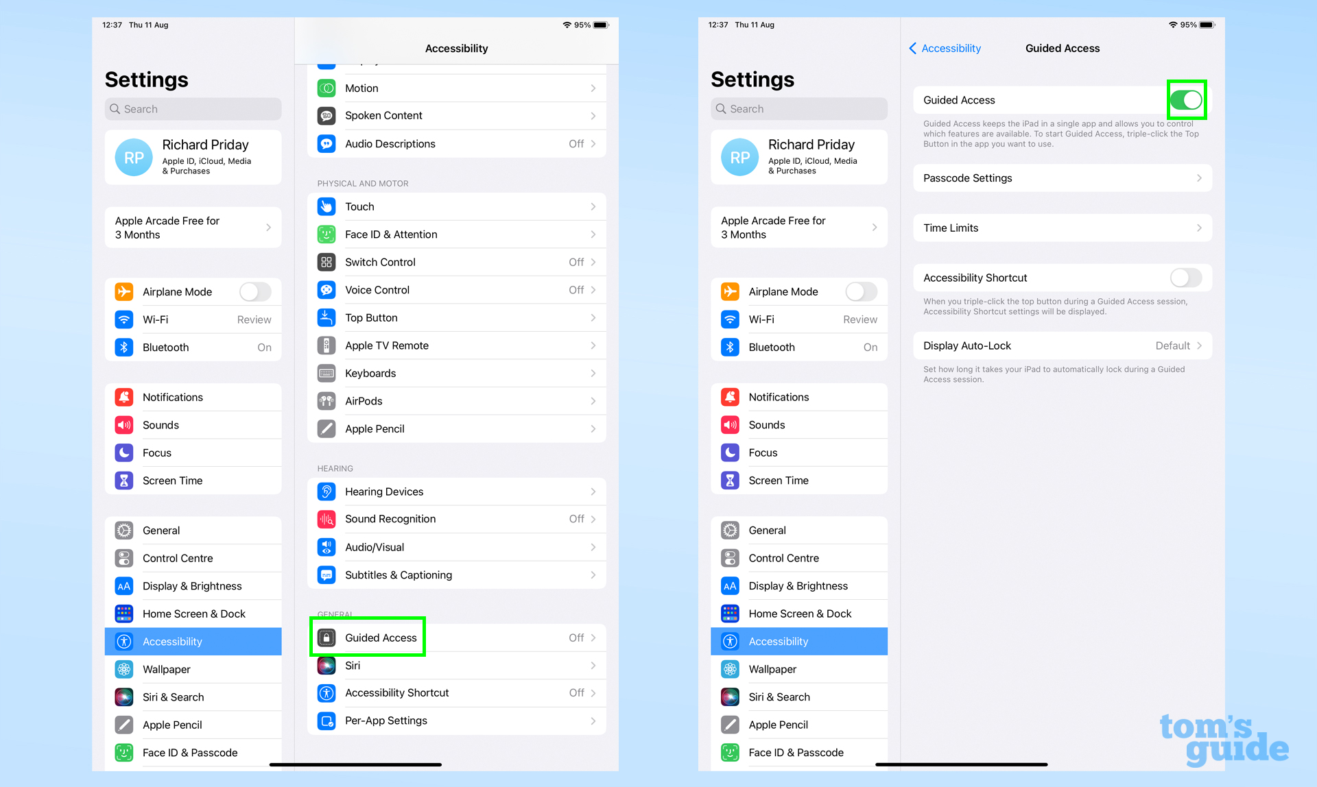 Two screenshots showing screen turn on time settings and guided access PIN setup