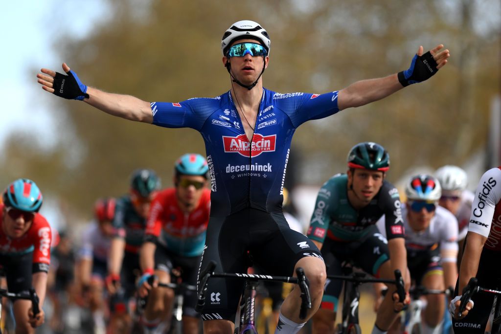 MOLINS DE REI SPAIN MARCH 25 Kaden Groves of Australia and Team AlpecinDeceuninck celebrates at finish line as stage winner during the 102nd Volta Ciclista a Catalunya 2023 Stage 6 a 1741km stage from Martorell to Molins de Rei UCIWT on March 25 2023 in Molins de Rey Spain Photo by David RamosGetty Images