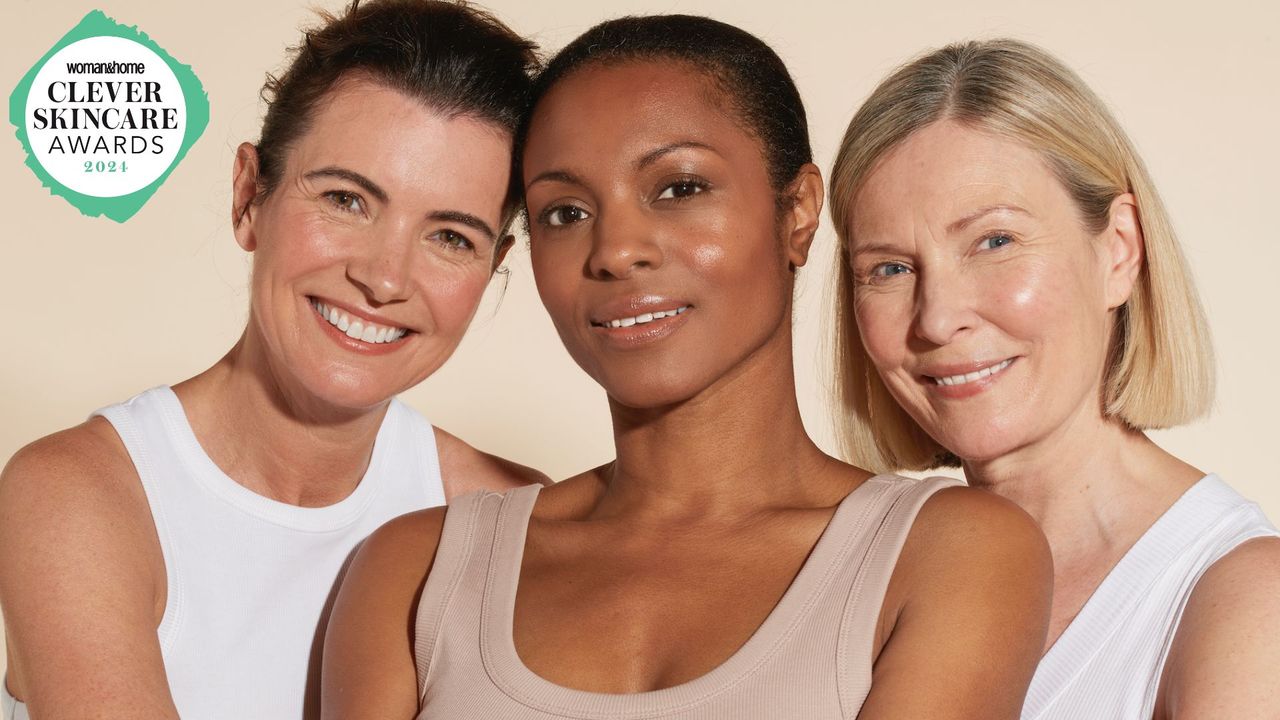 three women with beautiful skin with a woman&amp;home skincare awards logo in the corner