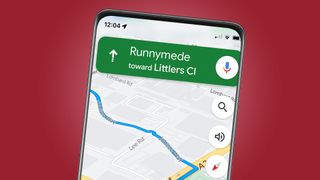 A phone screen on a red background showing Google Maps