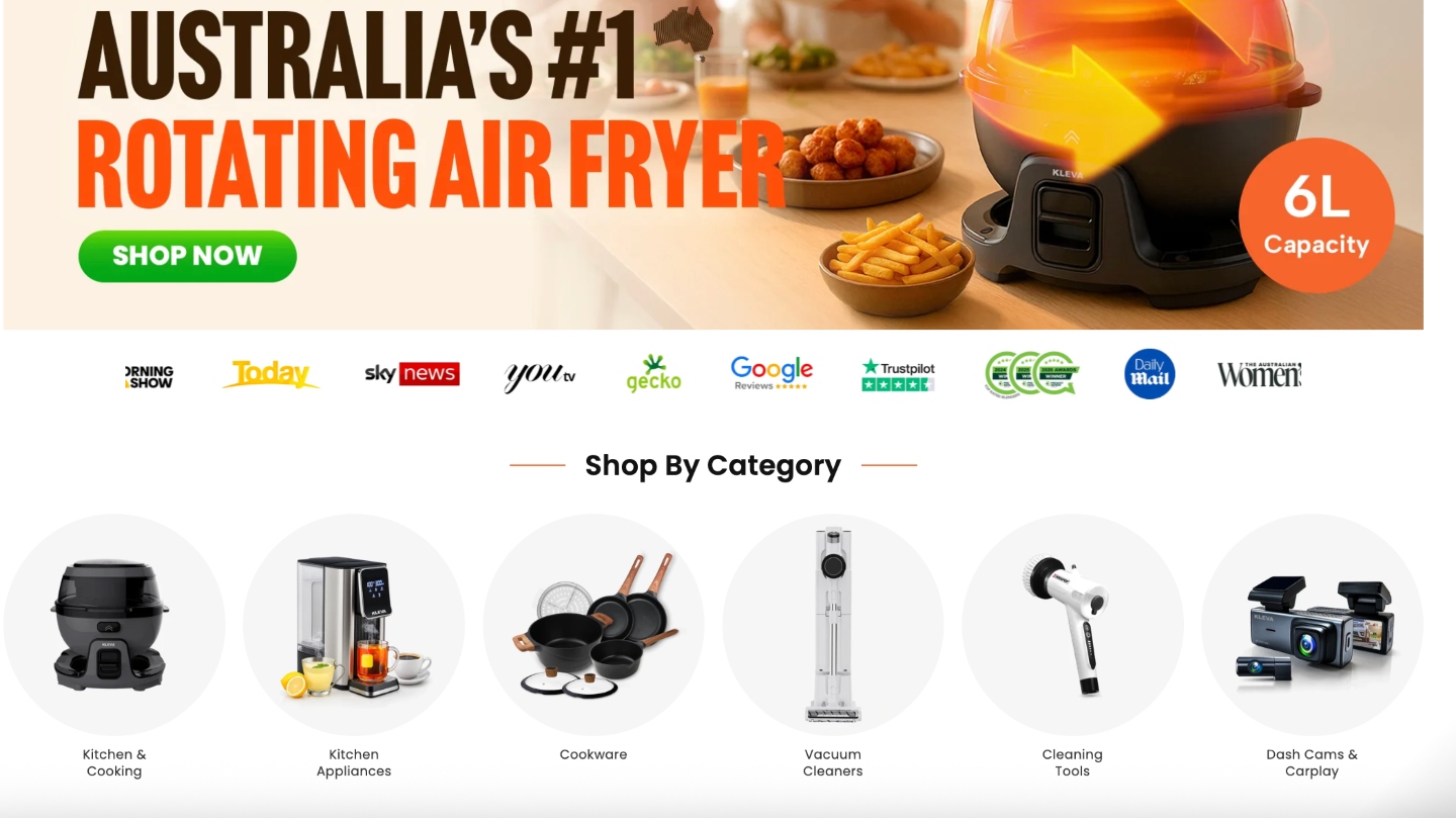 Screenshot from Kleva Range website with ad for rotating air fryer with categories for products below 