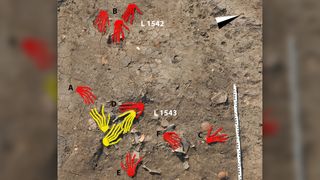 The buried hands that were found at the palace. The yellow-colored hands were placed on their top surface whereas the red ones are placed on their palms.