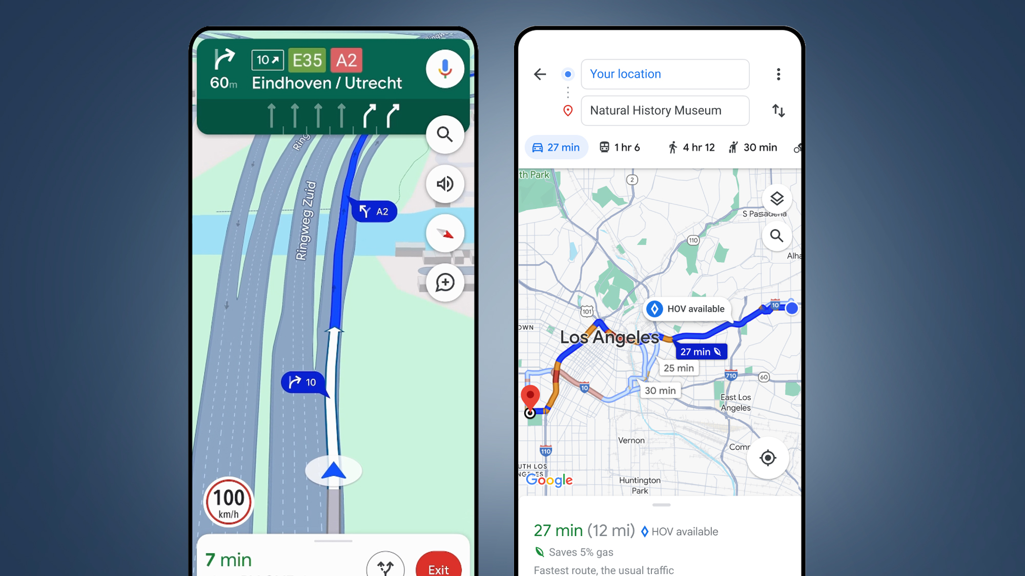 Two phones on a blue background showing Google Maps driving navigation