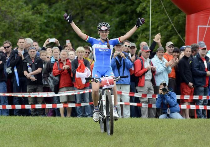 Eva Lechner (Italy) celebrates a second placed finish