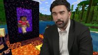 New York City mayor Zohran Mamdani against a Minecraft screenshot backdrop.