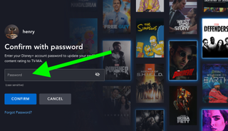 the Password field is highlighted on a Disney Plus login screen to set up parental controls for TV-MA content