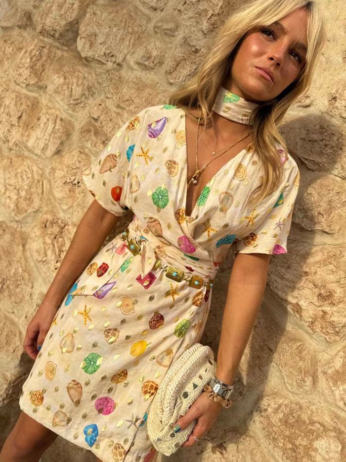 Never Fully Dressed Cream Shell Mini Wrap Dress Petite