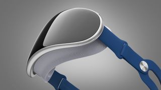 Ein Rendering des mutmaßlichen Apple Reality Pro Headsets auf grauem Hintergrund. Es hat ein kleines Frontdisplay und elastische Riemen.