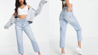 composite of model wearing DTT Petite Emma super high waisted mom jeans in light blue wash