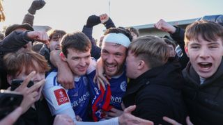 Paul Dawson of Macclesfield celebrates with team mate Luke Duffy