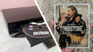 Split image showing 4K Blu-ray disc tray with the Batman in and someone holding the Tombstone 4K Blu-ray case