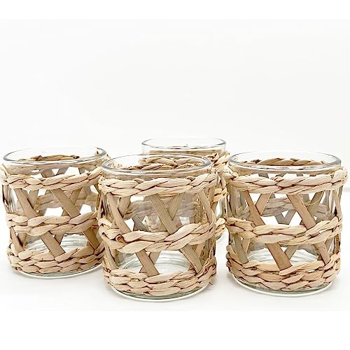 Pack 4 Woven Rattan Tealight Candle Holder Candle Lantern, Coastal Tropical Boho Glass Tea Light Holder Votive Candle Holders, Natural Seagrass Hand Woven Votive Candle Holder