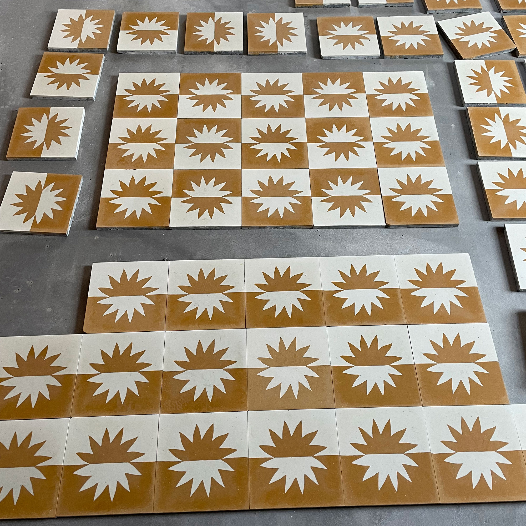 Brown and white square tiles with star motif