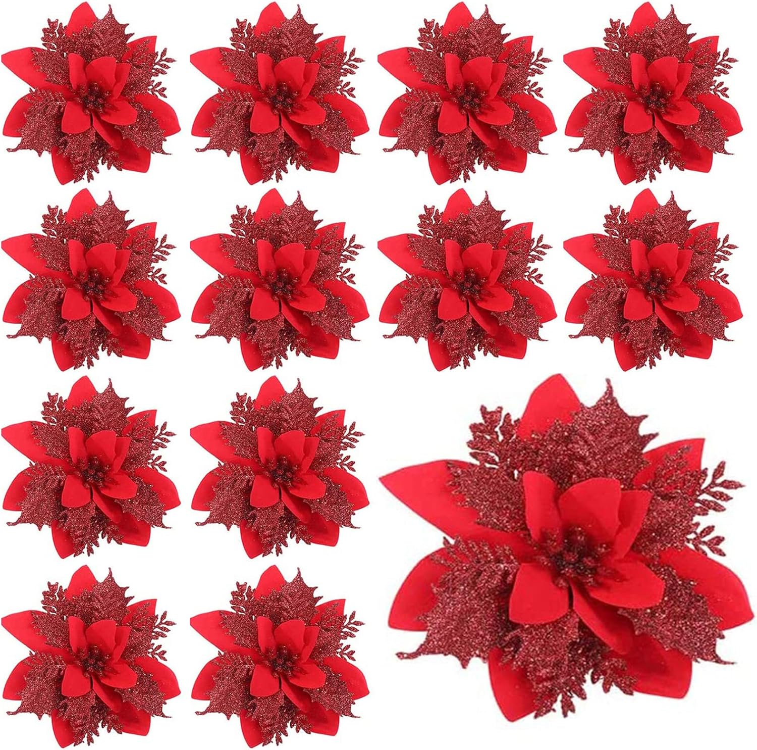 12 Pieces 14cm Glitter Christmas Flowers Artificial Poinsettia Flowers Christmas Tree Decorations Christmas Tree Ornaments Christmas Glitter Poinsettia Flowers Poinsettia Artificial Flowers Glitter