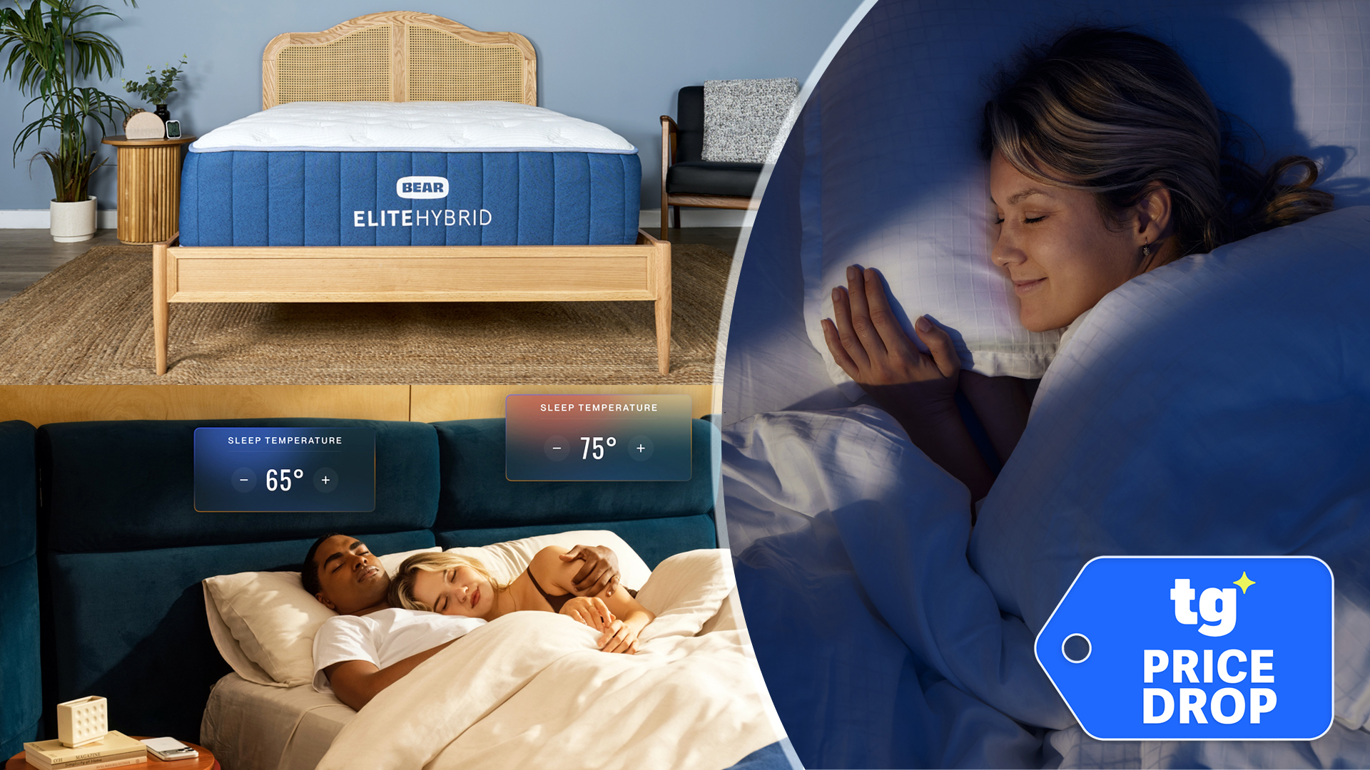 In the top left, the Bear Elite Hybrid mattress in our testing studio. Bottom left, two people sleeping in a bed with the Eight Sleep cooling mattress cover on. Right, a woman sleep peacefully at night. Bottom right, a Tom's Guide price drop deals graphic