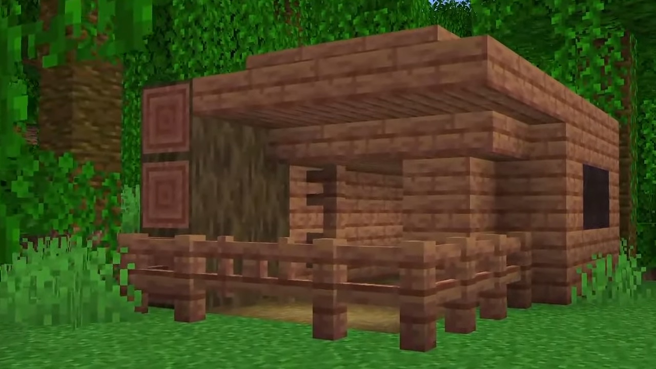 Minecraft - A small wood house made of Mangrove Planks, Mangrove Logs, and mangrove wood colored fences.
