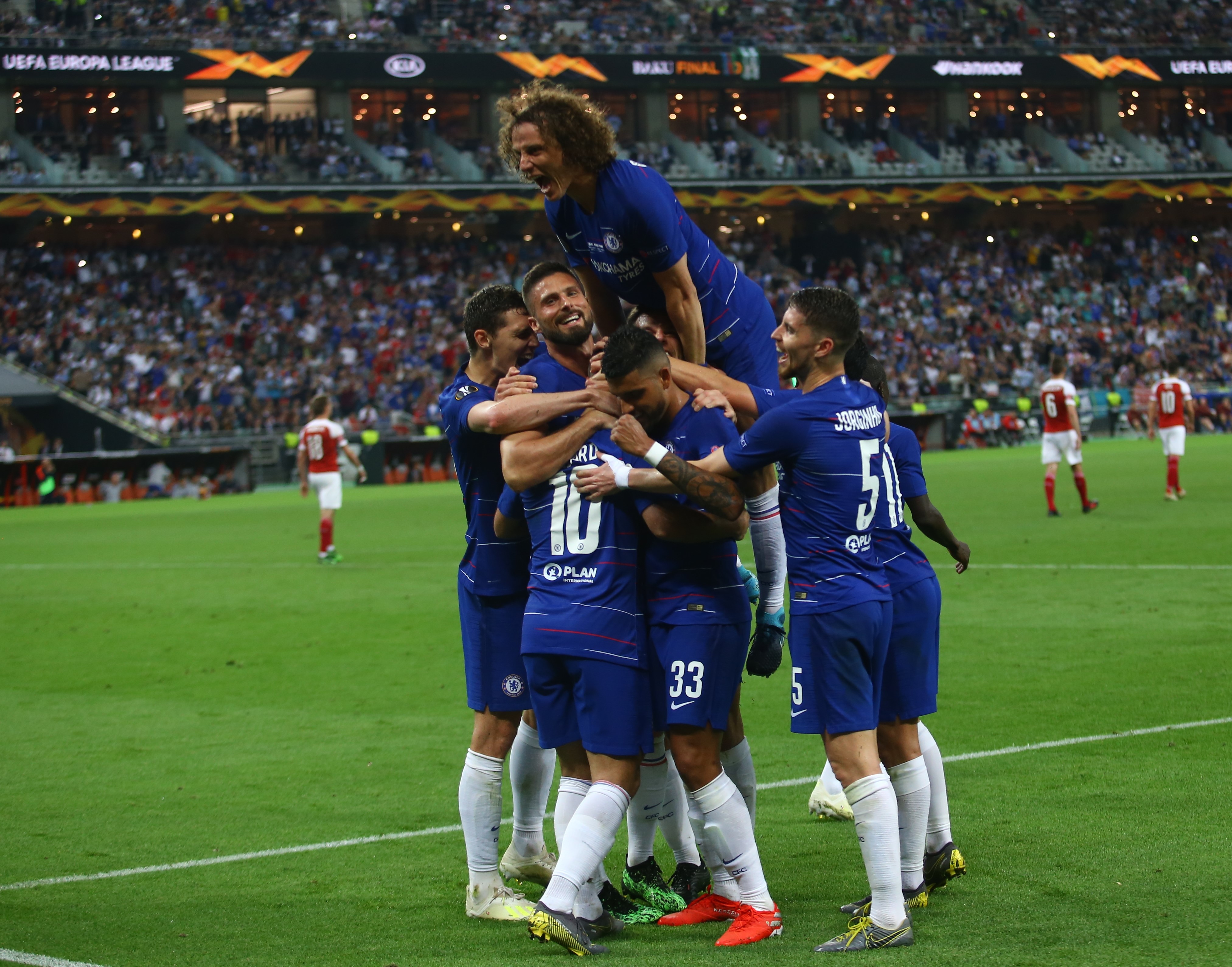 Chelsea players celebrate a goal against Arsenal in the 2019 Europa League final in Baku.