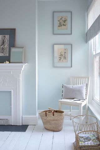 Pale blue guest bedroom in Victorian terrace on Isle of wight