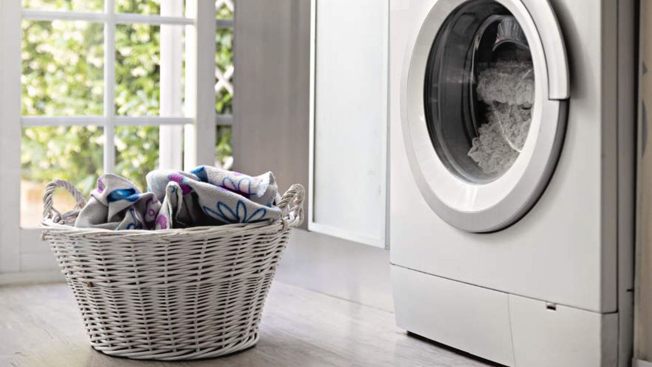 Laundry room viewed from close to the floor. A white front loading washing machine and white wicker laundry basket full of clothing. A glass door in the background looks into a green yard