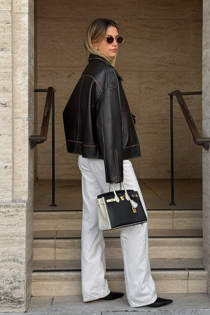 a woman wearing a black jacket, white jeans, and black pointed toe shoes