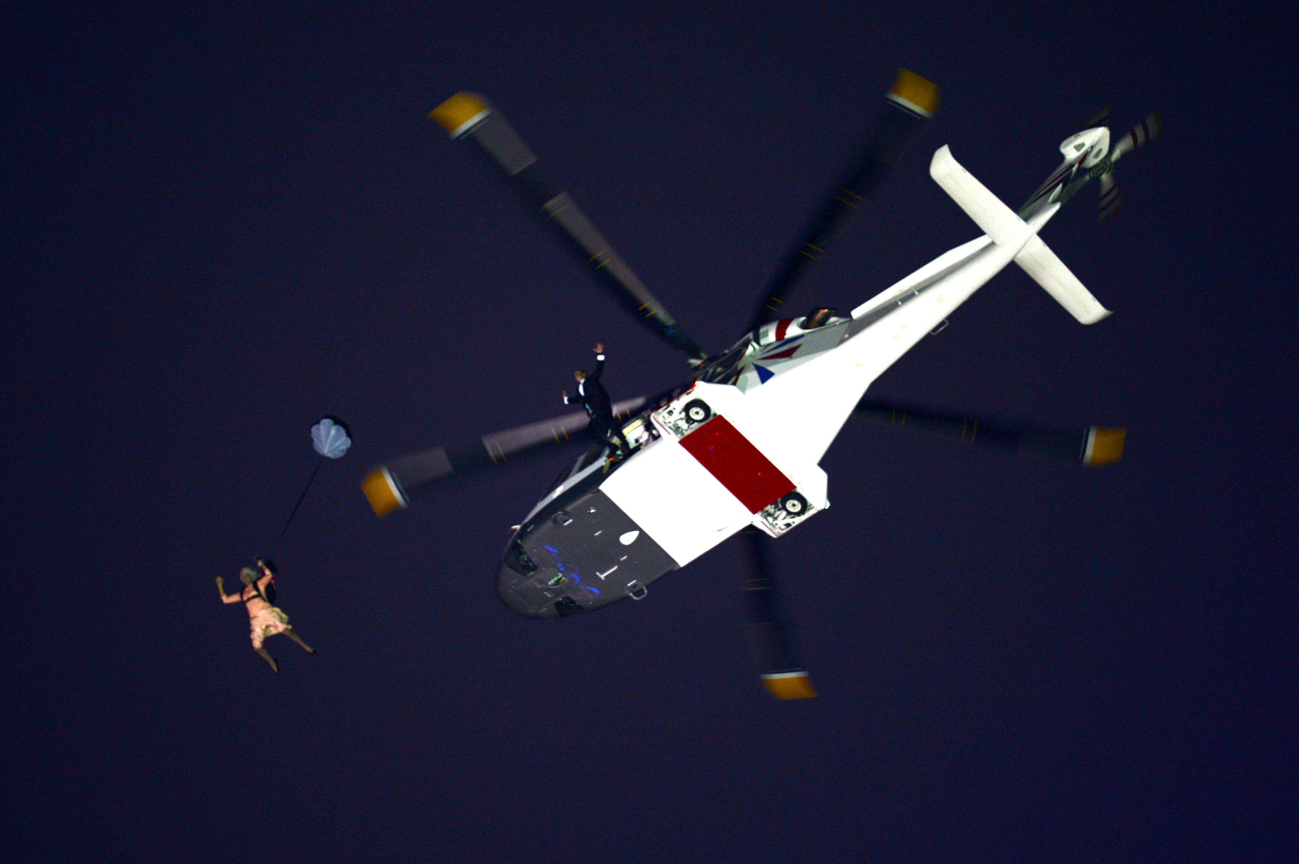 A Queen Elizabeth double jumping out of a plane at the 2012 Olympics