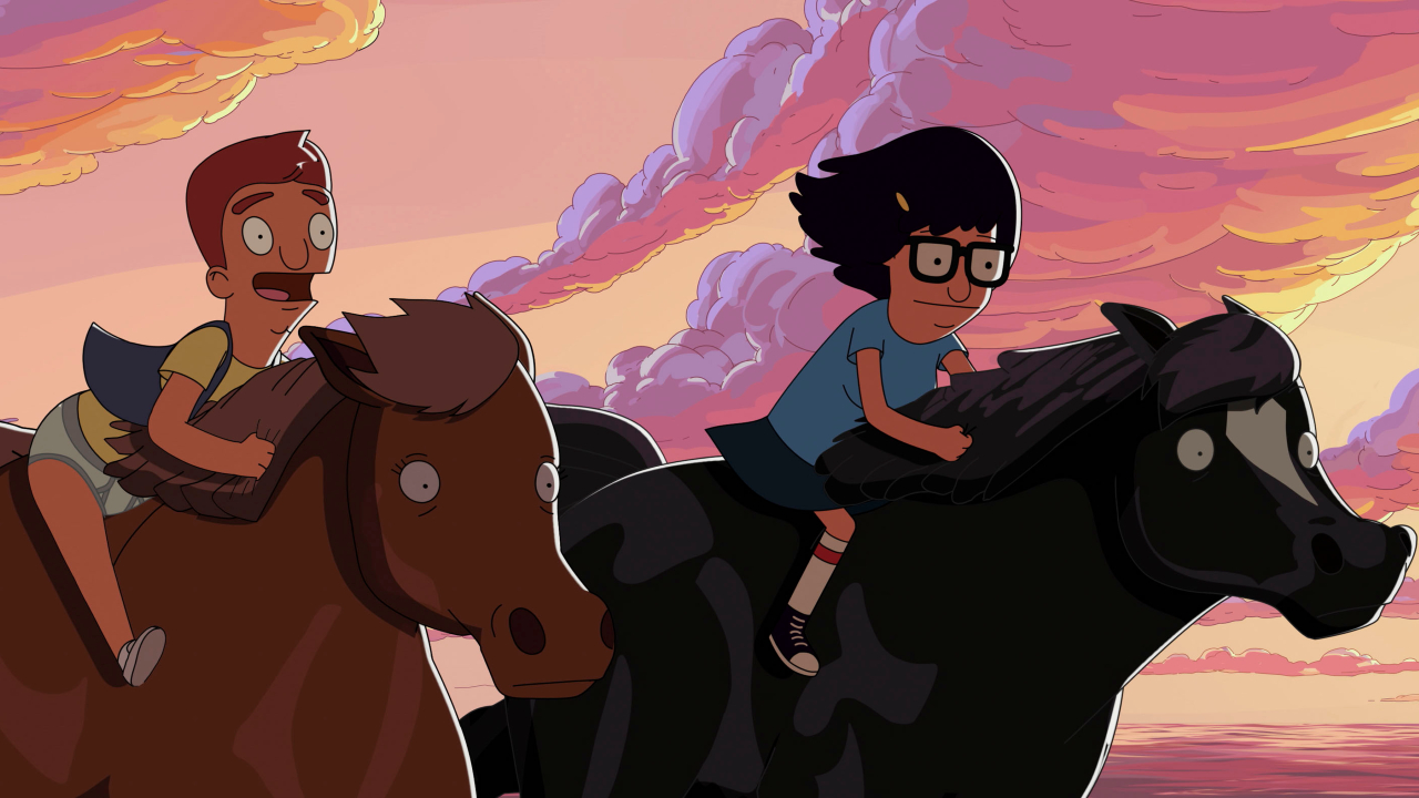 Jimmy Jr and Tina ride horses on a fantasy beach in The Bob's Burgers Movie.