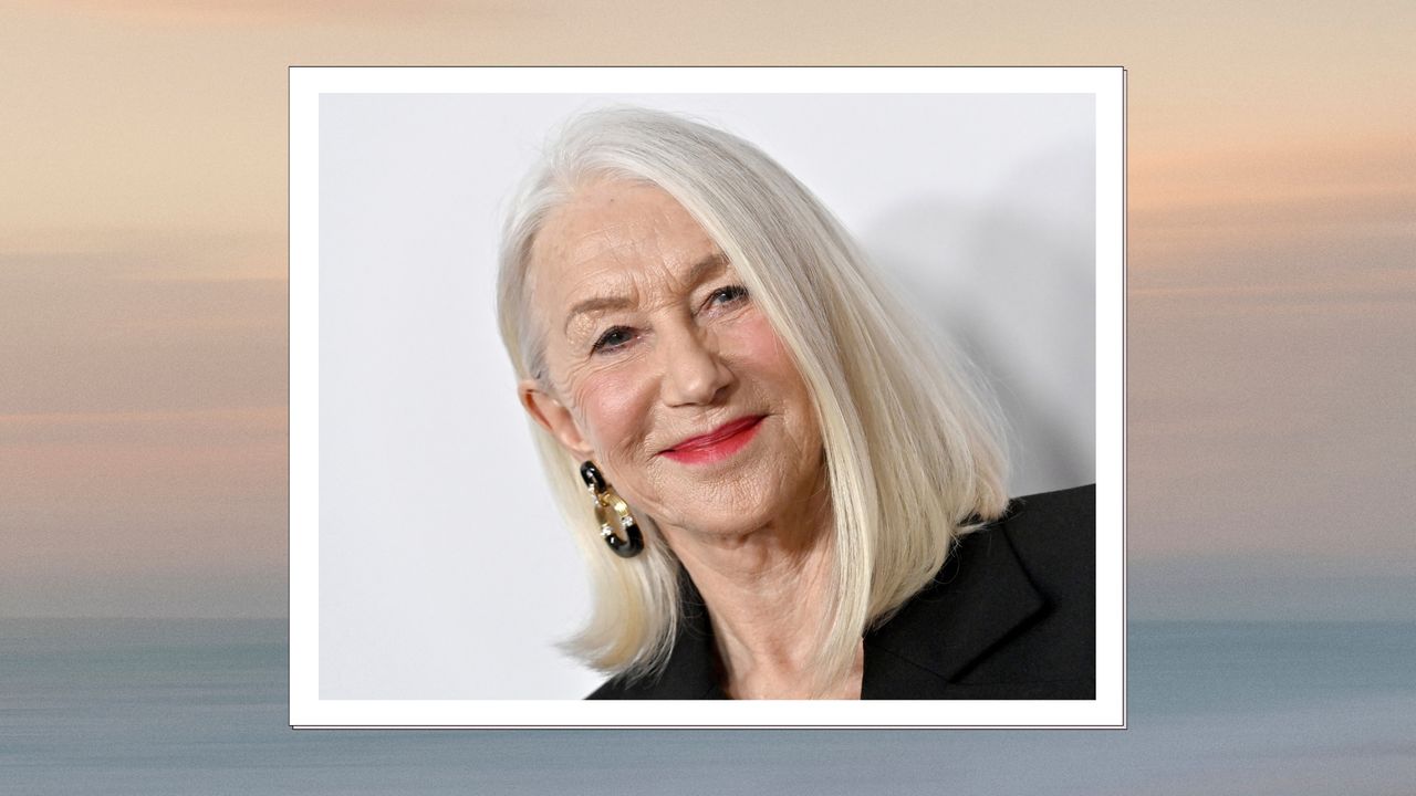 Helen Mirren is pictured with a long bob hairstyle and wearing a black top and pink-red lipstick whilst attending the 37th Annual American Cinematheque Awards Honoring Helen Mirren, Kevin Goetz And Screen Engine at The Beverly Hilton on February 15, 2024 in Beverly Hills, California/ in a beige and blue gradient sunset-like template