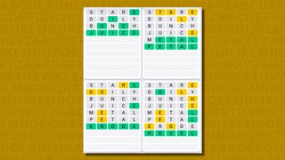Quordle daily sequence answers for game 625 on a yellow background