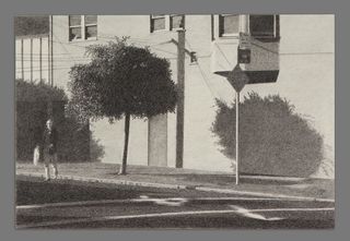Black and white photograph of a female crossing Connecticut street, with trees and building in the background