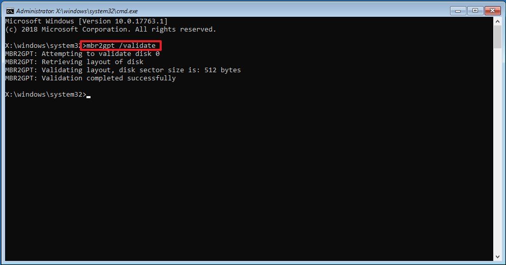 mbr2gpt validate command