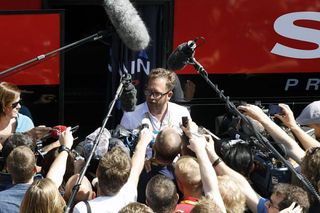 Garmin-Sharp team boss Jonathan Vaughters speaks to the press prior to the start of Tour de France stage 5.