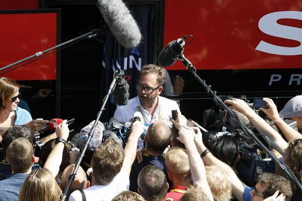 Garmin-Sharp team boss Jonathan Vaughters speaks to the press prior to the start of Tour de France stage 5.