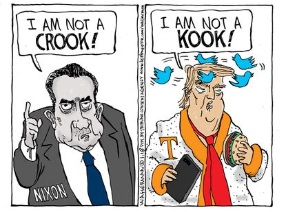 Political cartoon U.S. Trump tweets stable genius Nixon