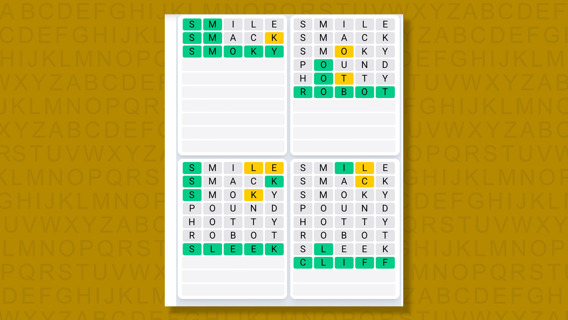 Quordle Daily Sequence answers for game 1611 on a yellow background