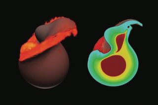 The moon is thought to be the aftermath of a giant impact. According to a new theory, there were two giant impacts in a row, separated by 100,000 to 1 million years, involving a Mars-sized body called Theia and proto-Earth. In this image, the proposed hit-and-run collision is simulated in 3D, shown about an hour after impact. A cut-away view shows the iron cores. Theia (or most of it) barely escapes, so a follow-on collision is likely.