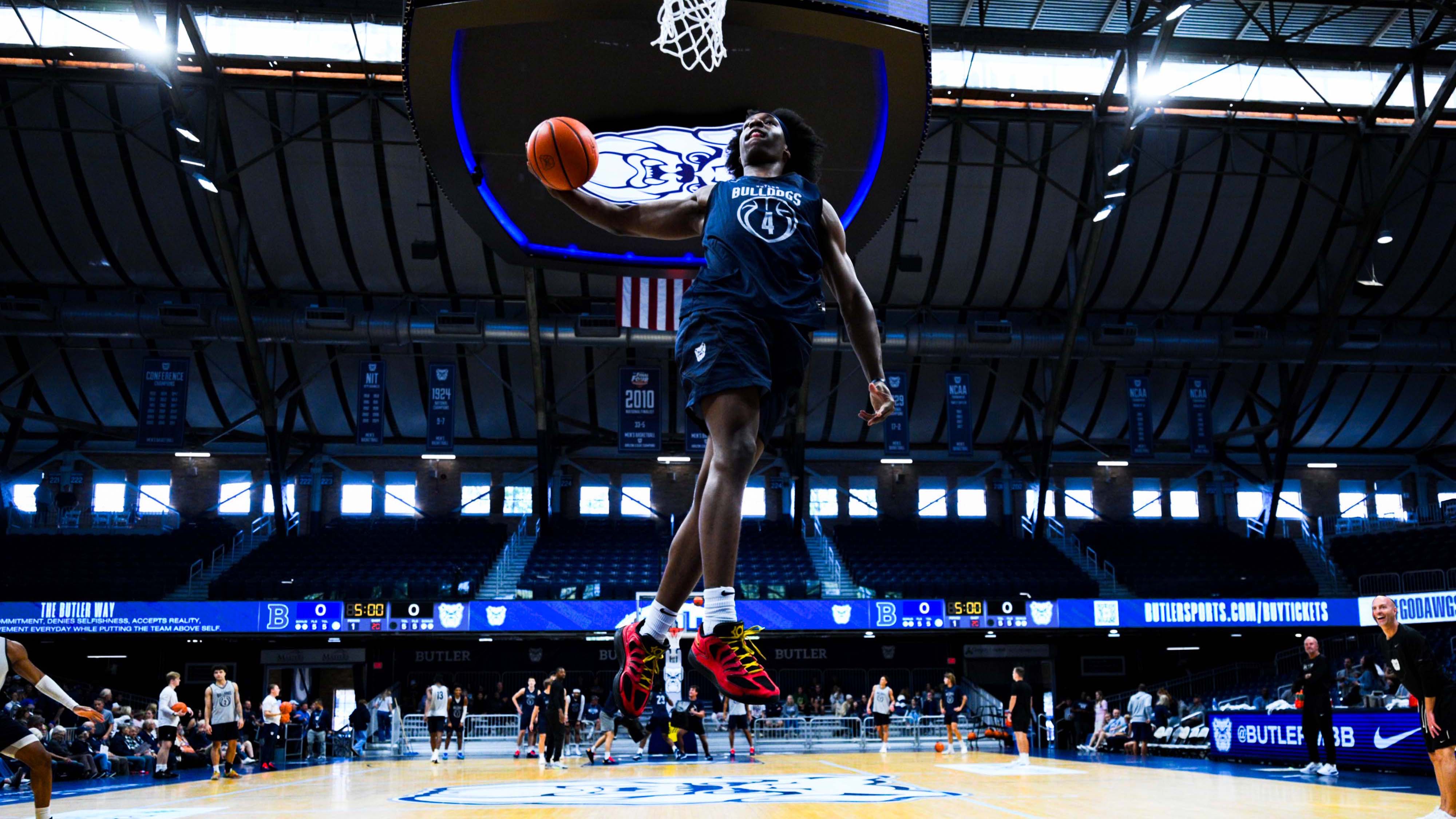 The interior of Hinkle Fieldhouse during basketball season. 