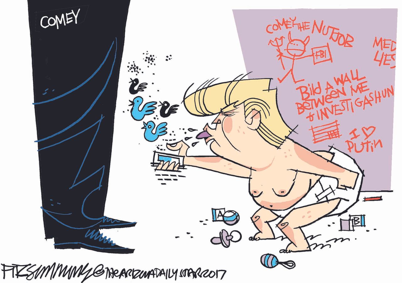 Political cartoon U.S. Comey hearing Trump baby tweets