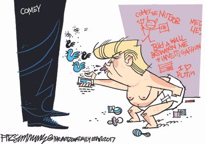 Political cartoon U.S. Comey hearing Trump baby tweets