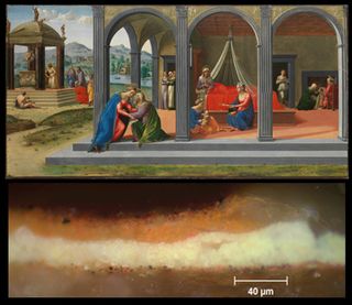 Scenes from the Life of Saint John the Baptist (Francesco Granacci; ca. 1506–1507), egg tempera, oil, and gold on wood; 77.6×151.1 cm. Bottom: Cross Section of paint layers from Scenes from the Life of Saint John the Baptist, 20x objective, DIC light. 