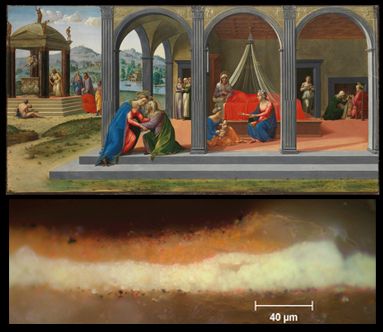 Scenes from the Life of Saint John the Baptist (Francesco Granacci; ca. 1506&ndash;1507), egg tempera, oil, and gold on wood; 77.6\00d7151.1 cm. Bottom: Cross Section of paint layers from Scenes from the Life of Saint John the Baptist, 20x objective, DIC light. 