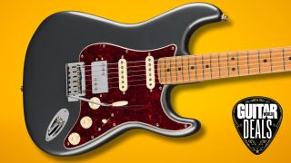 A Fender Player Stratocaster on a yellow gradient background