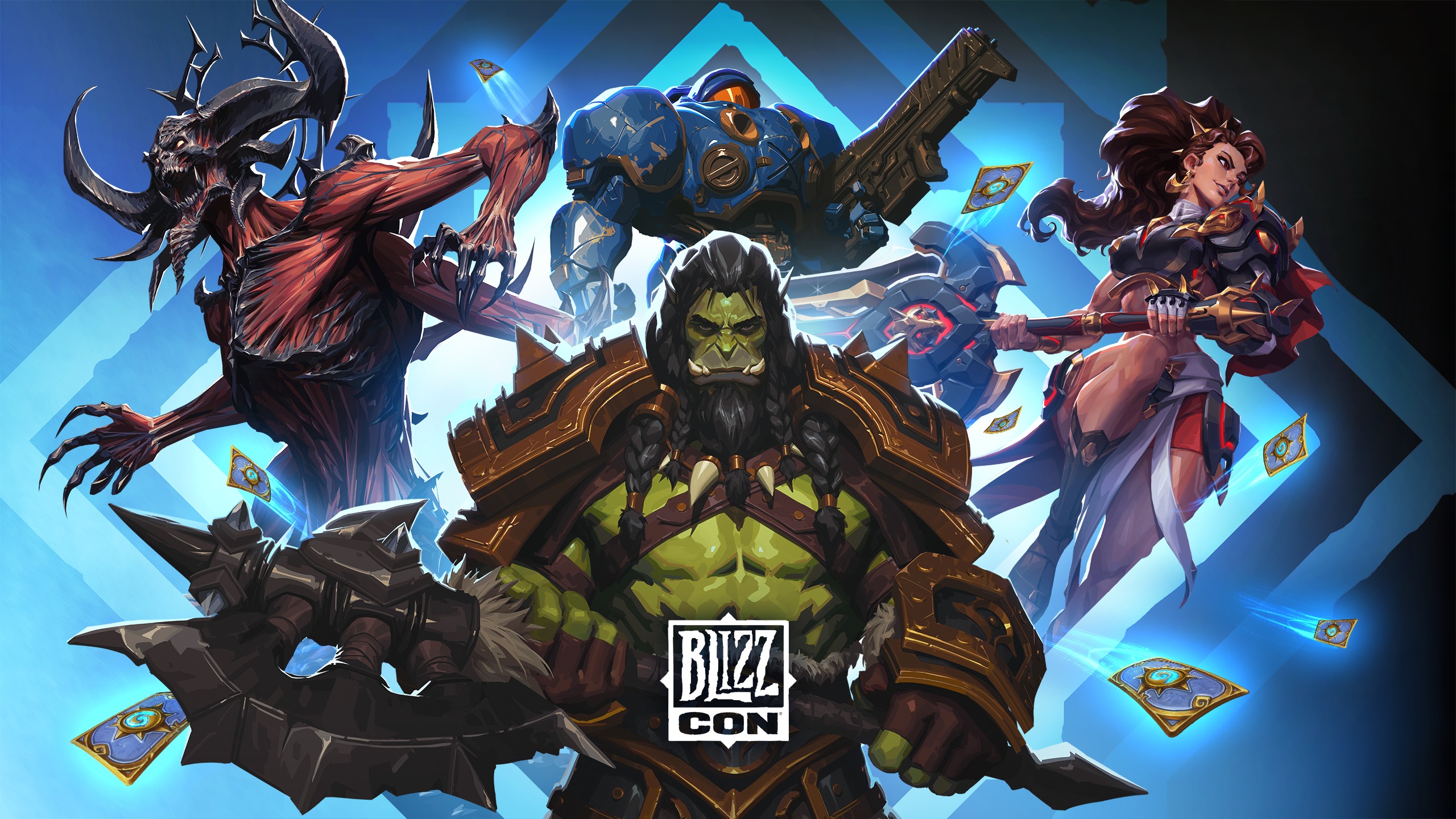 A group of four fantasy characters including a red demon, a blue armored soldier, a green-skinned orc warrior, and a woman with a large hammer.