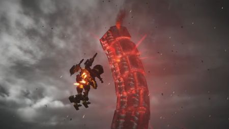 A mech flies near a giant robotic worm in Armored Core 6